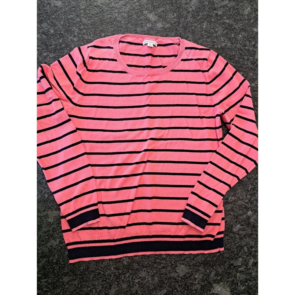 J Crew Mercantile Pink Sweater Navy Blue Striped 100% Cotton Preppy Size Medium